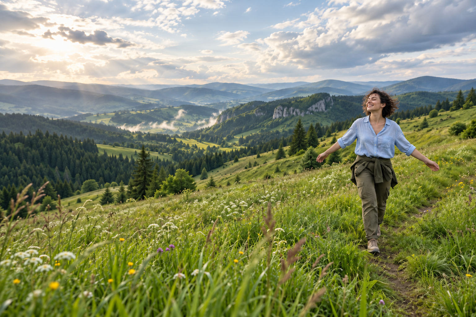 O femeie se bucură de natura deschisă