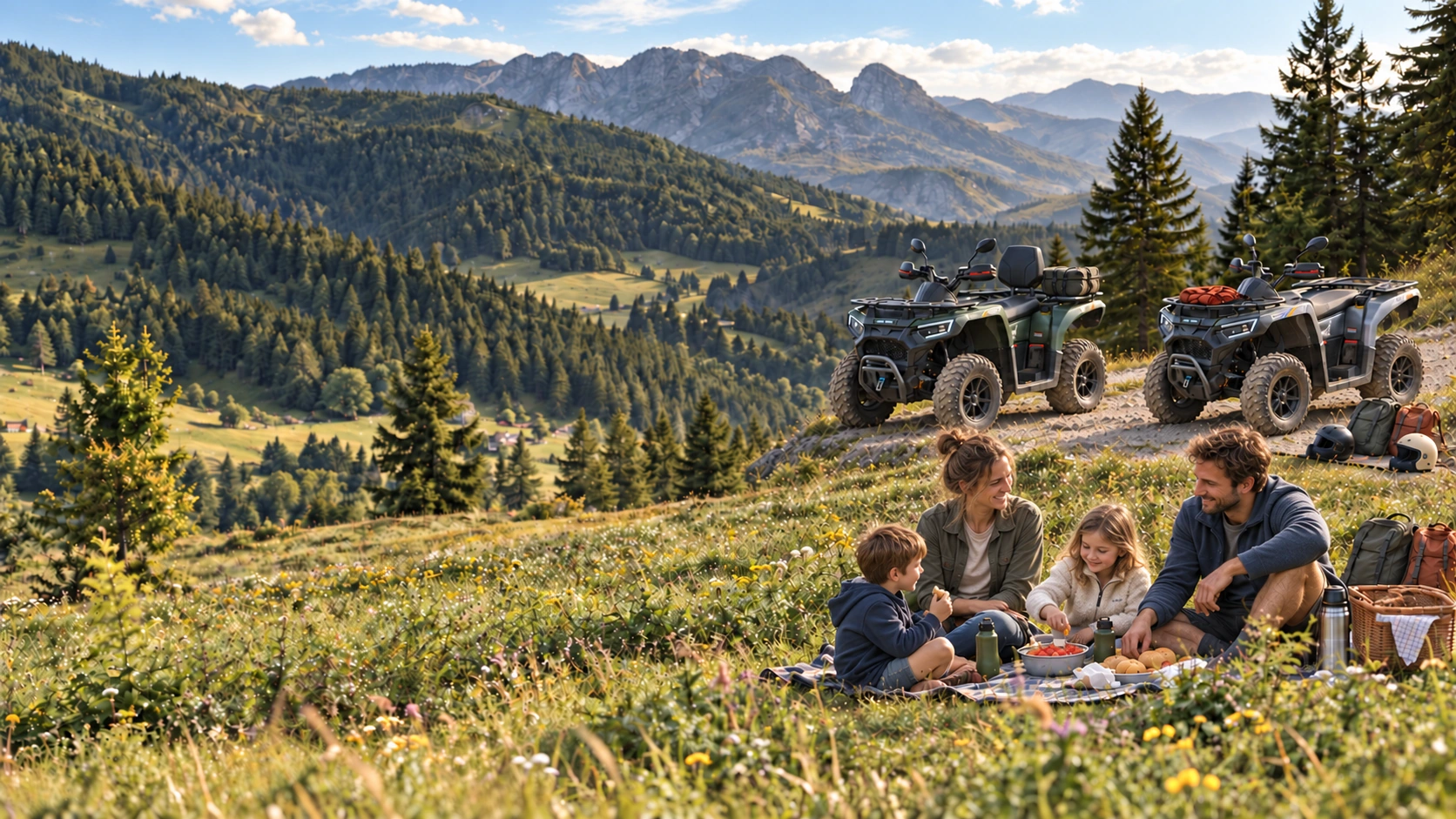 Picnic &icirc;n familie deasupra unei văi, cu două ATV-uri Carpath parcate, bagaje și căști