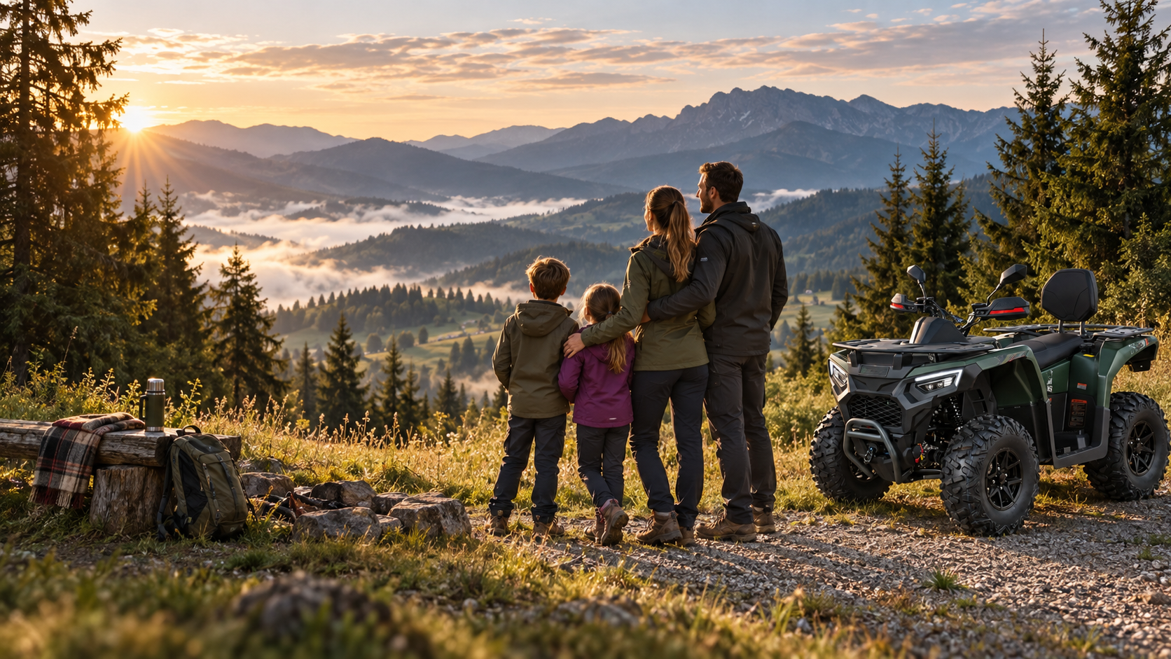 O familie privește spre vale, lângă un ATV parcat